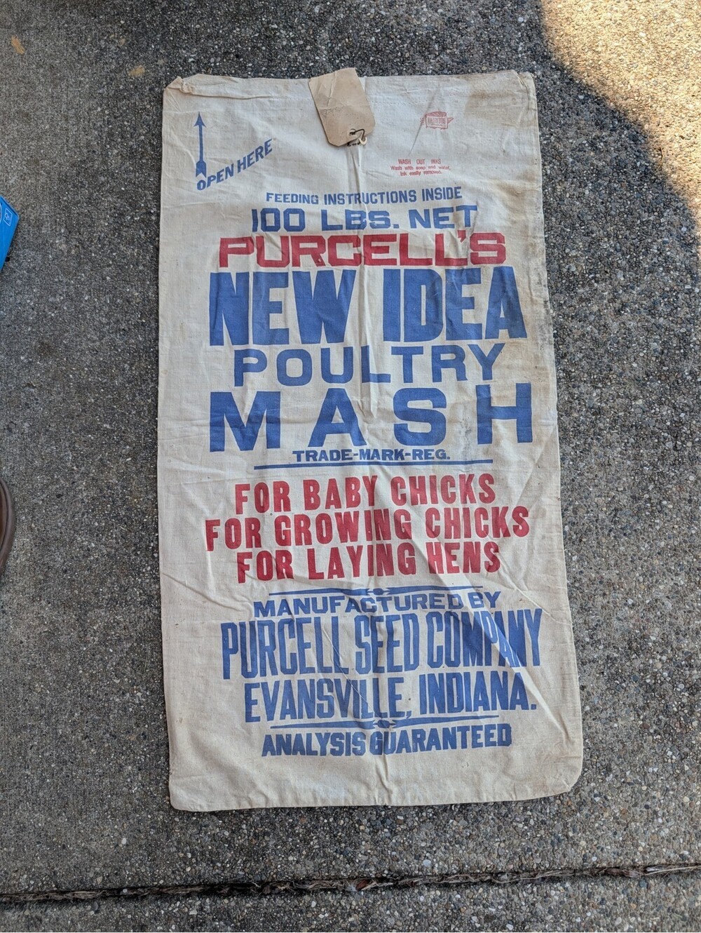 Vintage 100 lbs Purcell's seed sack, Purcell Seed Company Evansville IN ex cond.